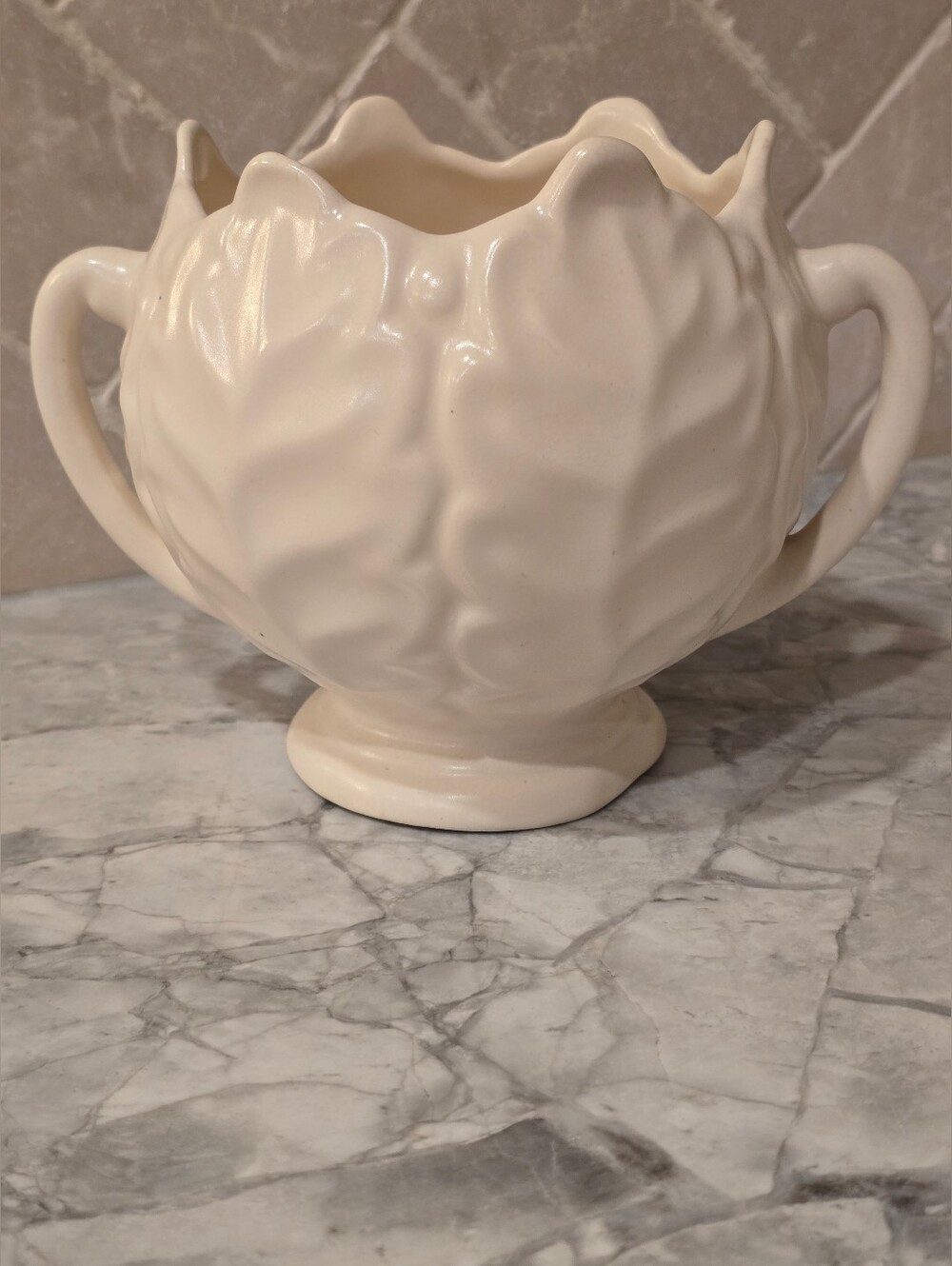 Antique Monmouth Pottery Cabbage Leaf Vase Planter Pot Bowl Cream Glaze